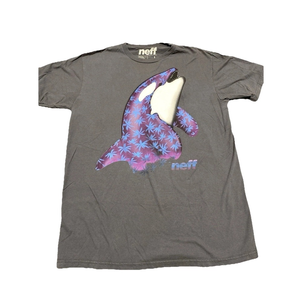 Neff Men's‎ Killer Whale Large Crew Neck T-Shirt Charcoal Hipster Y2k